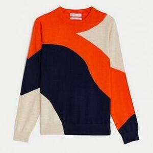 M&S Collection Extra Marino Wool Colorblock Crew Neck Sweater‎ Size 12 NWT
